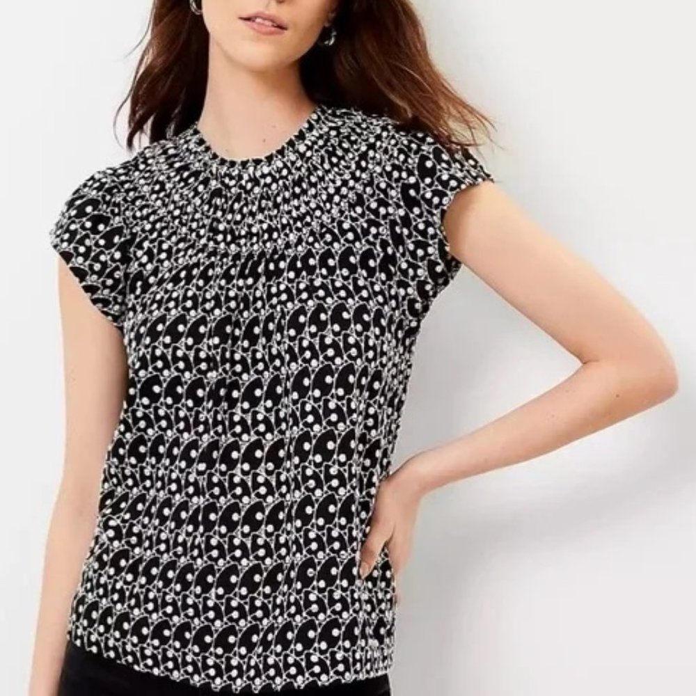 Loft ~ Embroidered Eyelet High Ruffle Neck Smocked Short Sleeve Top in Medium
